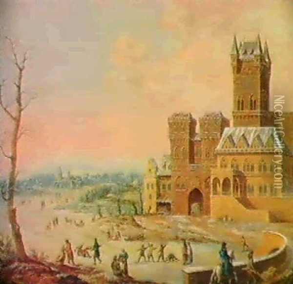 Vinterlandskab Med Skojtelobere Uden For                    Byens Porte (samt Bauer) Oil Painting - Johann Philipp Ulbricht