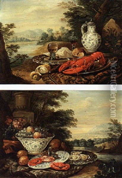Still Life With Bread, Glasses, A  Wanli Kraak Porselein Pitcher, A Pewter Plate And Other Objects In A River Landscape Oil Painting - Jan van Kessel the Younger