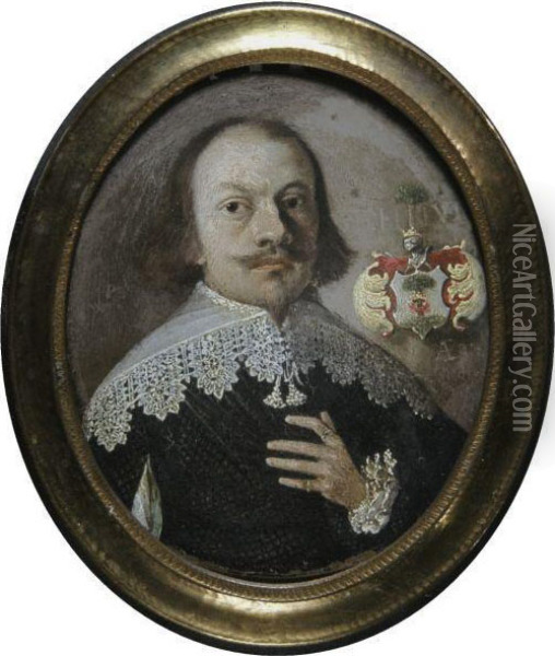 A Miniature Of A Gentleman In A Black Dress With A White Lace Collar Oil Painting - Wolfgang Heimbach