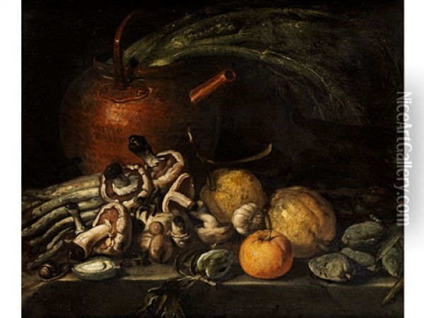 Stilleben Mit Pilzen, Obst Und Gemuse Mit Einem Kupferkessel Oil Painting - Simone Del Tintore