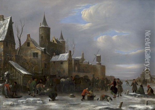 Frohliche Gesellschaft Auf Einem Zugefrorenen Fluss Vor Einer Stadt Oil Painting - Nicolaes Molenaer