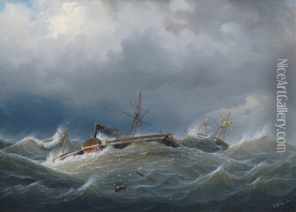 Paddle Steamer And Two Master In Choppy Sea Oil Painting - Johann Baptist Weiss