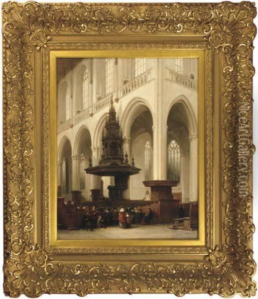 Figures At A Church Service In The Iieuwe Kerk, Amsterdam Oil Painting - Johannes Bosboom