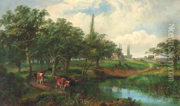 Cattle watering in Epping Forest Oil Painting - Edwin L. Meadows