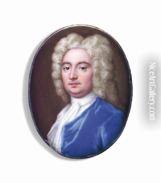 A Gentleman, In Blue Velvet Coat, Powdered Curling Wig Oil Painting - Christian Friedrich Zincke