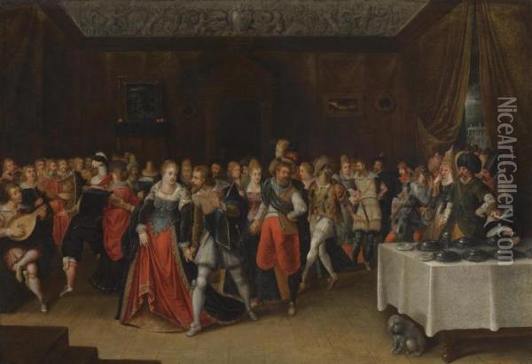 An Interior Scene With Elegant Figures At A Wedding Oil Painting - Hieronymus II Francken