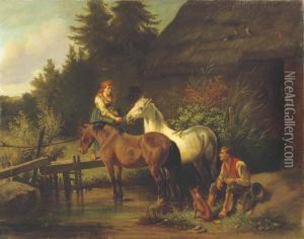 Feeding The Horses Oil Painting - Adolf van der Venne