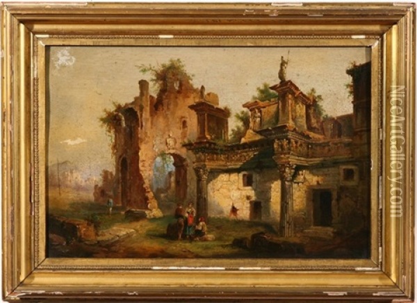 Rouine Del Templo Di Minerva Oil Painting - Charles-Louis Clerisseau