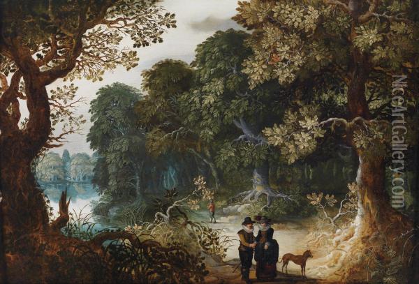 An Elegant Couple Strolling In Aforest Oil Painting - Abraham Govaerts