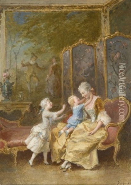 Scene De Famille Dans Un Interieur Louis Xv Oil Painting - Francois-Louis Lanfant