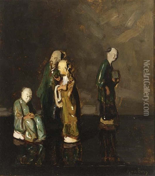 A Still Life With Chinese Porcelain Figures (+ Portrait Of A Girl, Verso) Oil Painting - Ans Van Den Berg