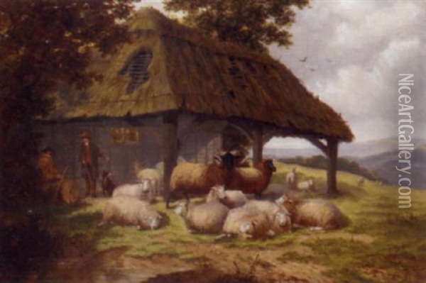 Shepherds With Their Flock Before A Barn Oil Painting - William Meadows