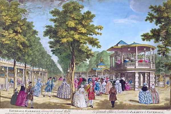 View of the Grand Walk at the entrance of Vauxhall Pleasure Gardens with the orchestra playing, engraved by Muller Oil Painting - Samuel Wale