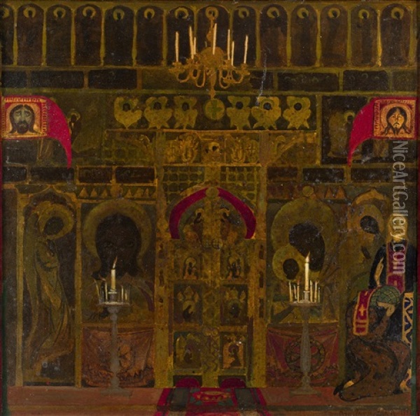 At The Monastery. Altar Oil Painting - Leonid Brailowski