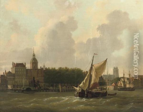 A View Of Hotel Bellevue In Dordrecht With The Grote Kerk Beyond Oil Painting - Johannes, Jan Rutten