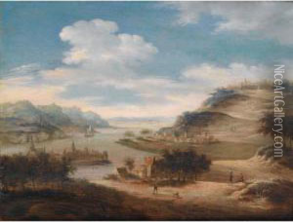 Vue D'un Village En Bord De Riviere
 [dirk Van Der Burg, View Of A Village By A River, Oil On Canvas ] Oil Painting - Dirck Van Den Burg