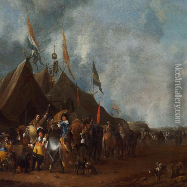 A Military Encampment With Soldiers Smoking And Drinking Oil Painting - Hendrick De Meijer