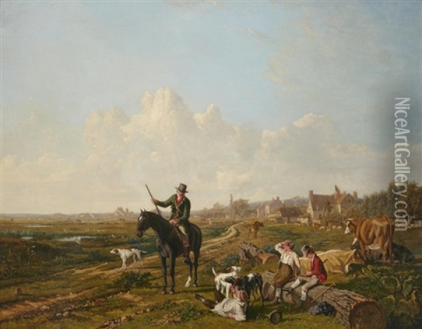 A Mounted Gamekeeper Questions The Cattle Herders On Their Being Found With A Sporting Dog Oil Painting - John James Chalon