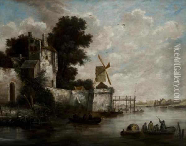 Paesaggio Fluviale Con Mulino, Imbarcazioni E Pescatori Oil Painting - Salomon van Ruysdael
