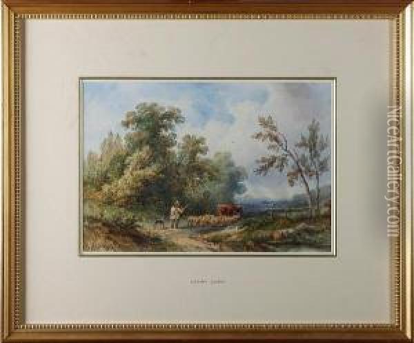 Shepherd With Sheep And Cow Oil Painting - Henry Earp