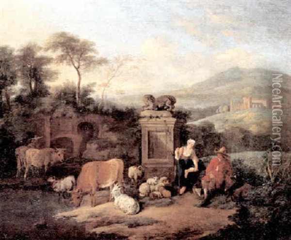 Sudliche Landschaft Mit Hirtenpaar Und Vieh Oil Painting - Adrian Oudendyk
