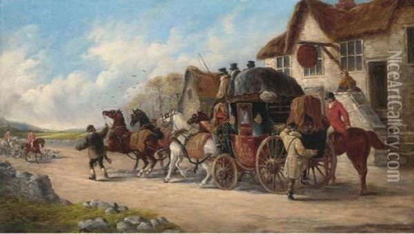 A Mail Coach Outside The Old Fox Inn, A Hunt Beyond Oil Painting - John Charles Maggs