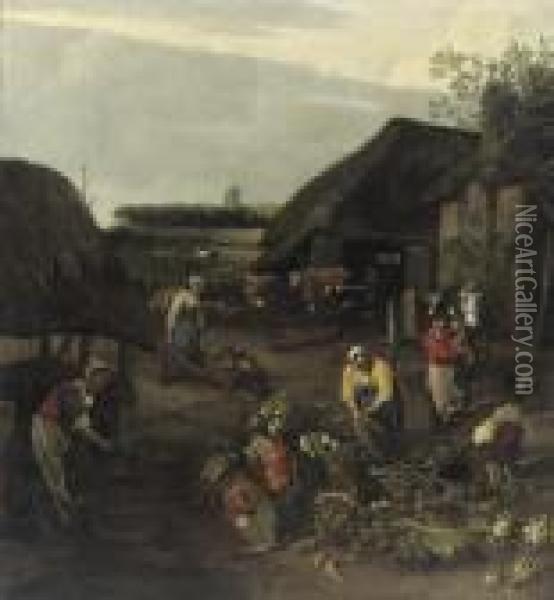 Peasants At Work In A Farmyard Oil Painting - Jan Siberechts