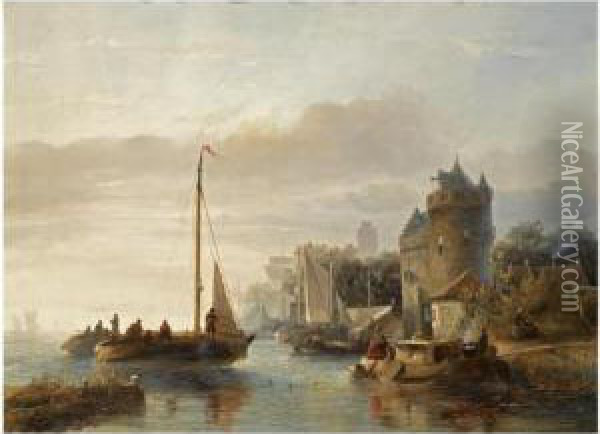 A Busy River Scene Oil Painting - Salomon Leonardus Verveer