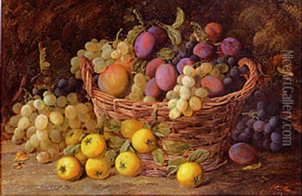 Apples, Plums, Quinces And Grapes In A Basket On A Mossy Bank Oil Painting - Vincent Clare