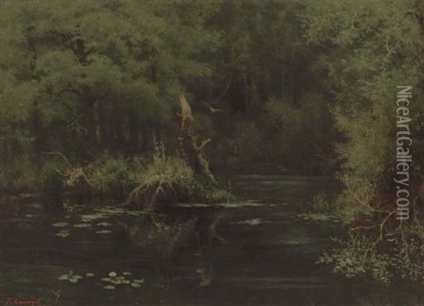 An Owl In Flight Over Woodland Water Oil Painting - Grigori Grigorievich Miasoyedov