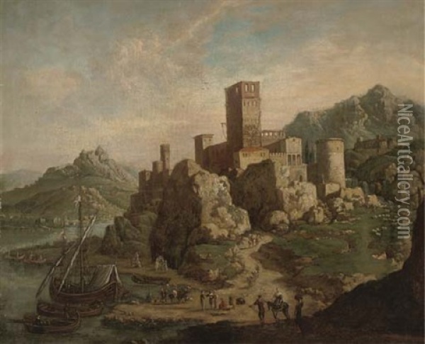 A Capriccio Of A Mediterranean Coastal Inlet With Shipping, A Fortified Hilltop Town Beyond Oil Painting - Orazio Grevenbroeck