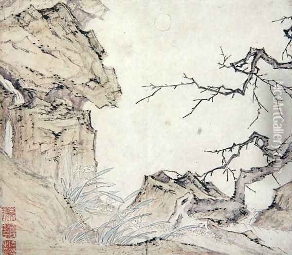 Narcissus, Plum Tree and Landscape Oil Painting - Lu Zhi