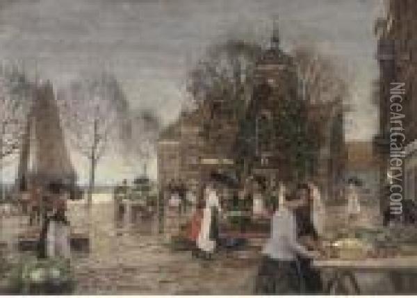 A Dutch Flower Market Oil Painting - Heinrich Hermanns