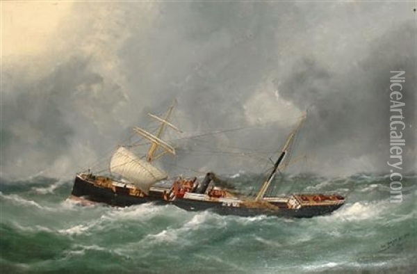 Steam Sailing Ship Finsbury In A Stormy Sea Oil Painting - Edouard Adam