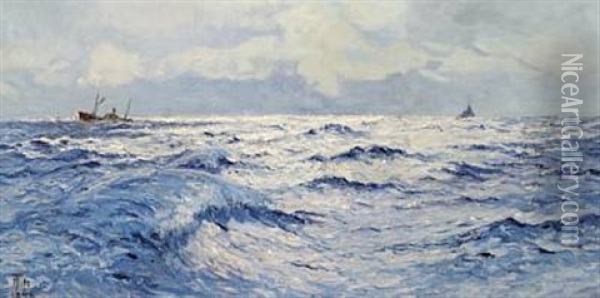 Seascape With Ships In A Heavy Sea Oil Painting - Thorvald Simeon Niss