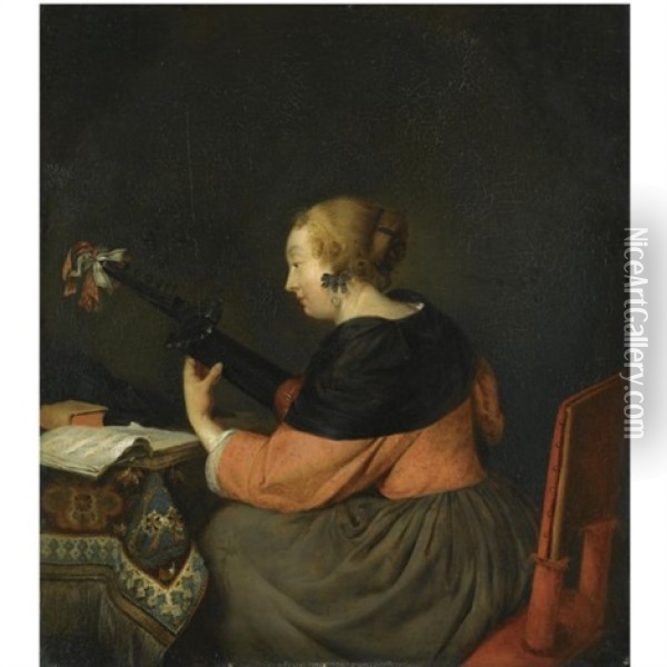 A Lady Seated At A Table Playing A Lute Oil Painting - Gerard ter Borch the Younger