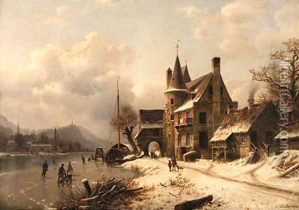 A village in winter by a frozen stream Oil Painting - Johannes Bartolomaus Duntze
