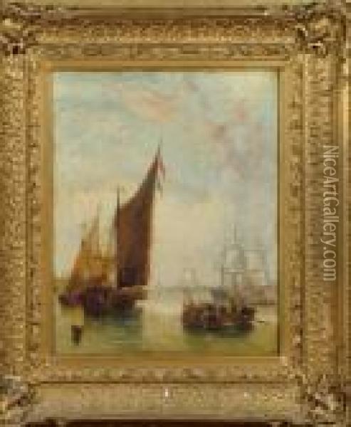 A Timber Barge And Other Vessels Becalmed In A Harbour Oil Painting - John Wilson Carmichael