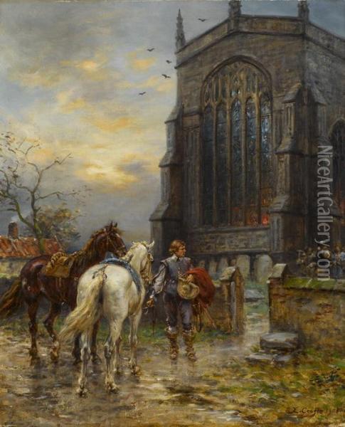 Musketier Mit Zwei Gesattelten Pferden Vor Einer Kathedrale Oil Painting - Ernest Crofts