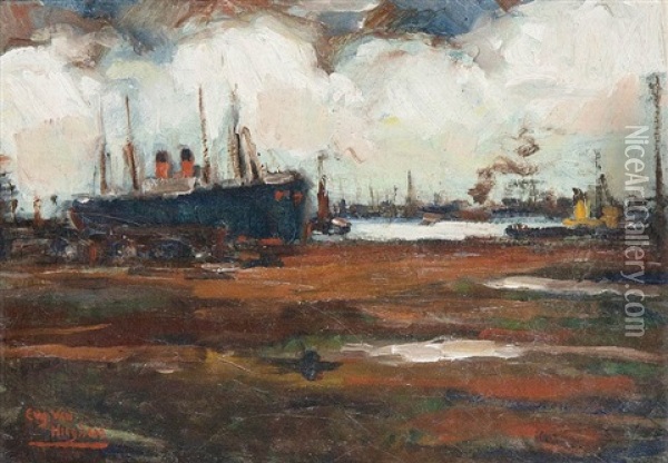 Moored Red Star Line Steamer In The Antwerp Harbour Oil Painting - Eugene van Mieghem