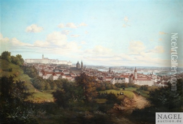 Blick Auf Die Prager Kleinseite Mit Der Karlsbrucke, St. Niklas Und Dem Hradschin. Oil Painting - Johann Wilhelm Jankowski