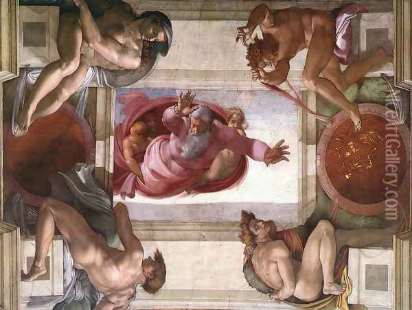 Separation of the Earth from the Waters (with ignudi and med Caallions) 1511 Oil Painting - Michelangelo Buonarroti