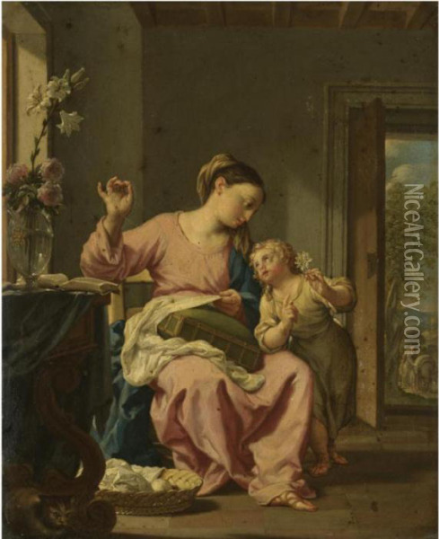 The Madonna Sewing With The Christ Child Oil Painting - Francesco Trevisani