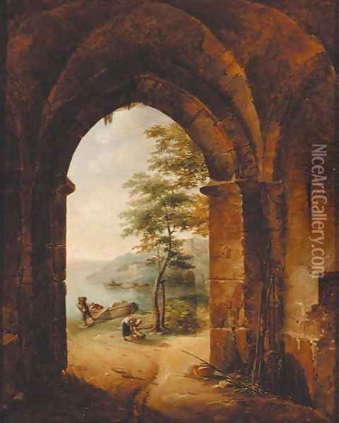 A Gothic archway with peasants unloading a boat in a river landscape Oil Painting - French School
