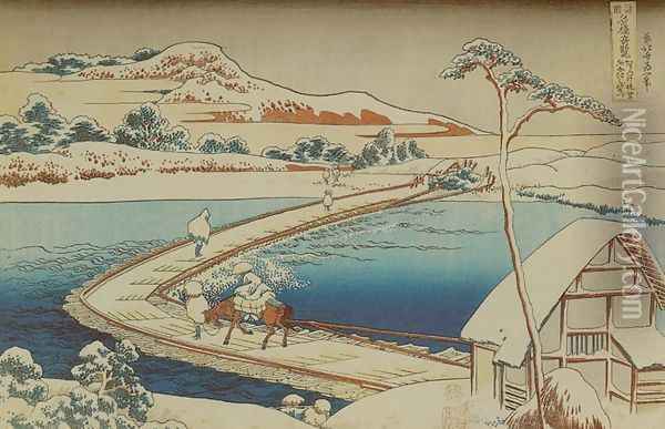View of the Old Boat-Bridge at Sano in Kozuke Province (Kozuke Sano funabashi no kozu) Oil Painting - Katsushika Hokusai