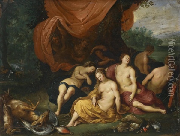 Diana Und Ihre Nymphen Nach Der Jagd, Von Satyrn Belauscht Oil Painting - Hendrik van Balen the Elder