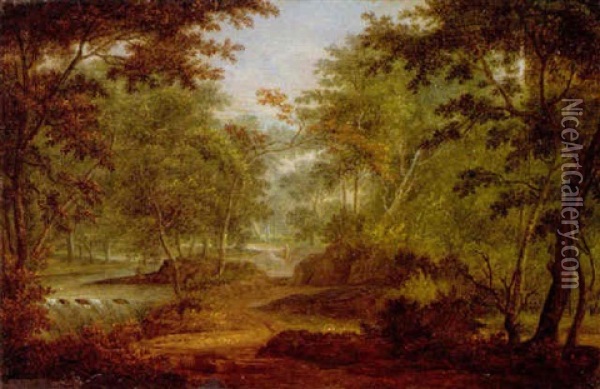 A Wooded River Landscape With A Figure On A Path Oil Painting - Jan Van Huysum
