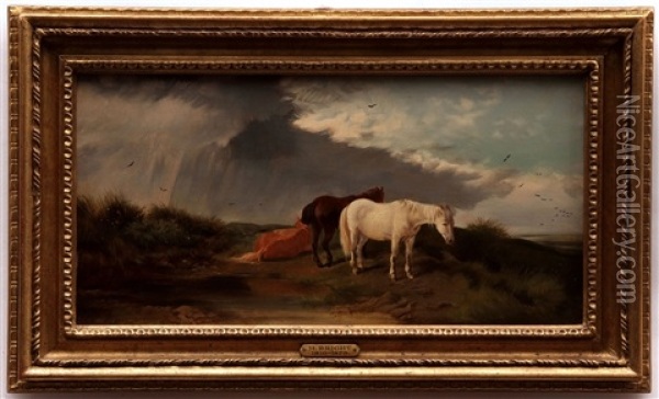 Horses On A Marsh Oil Painting - Henry Bright