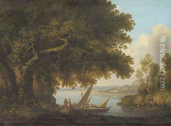 An Italianate lake landscape with figures and boats Oil Painting - Joshua Shaw