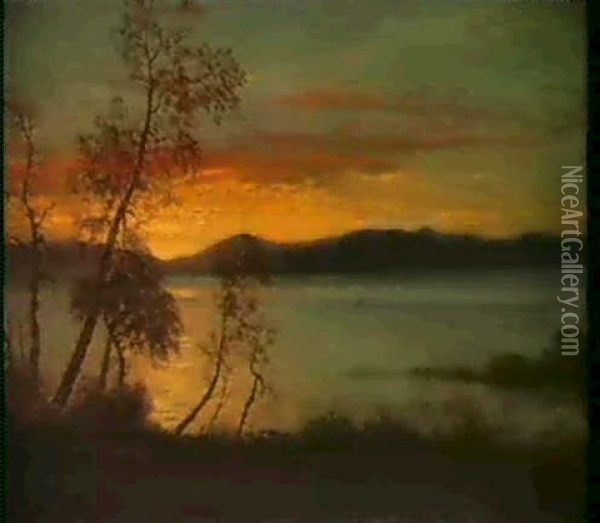 Sunset On The Lake Oil Painting - Albert Bierstadt